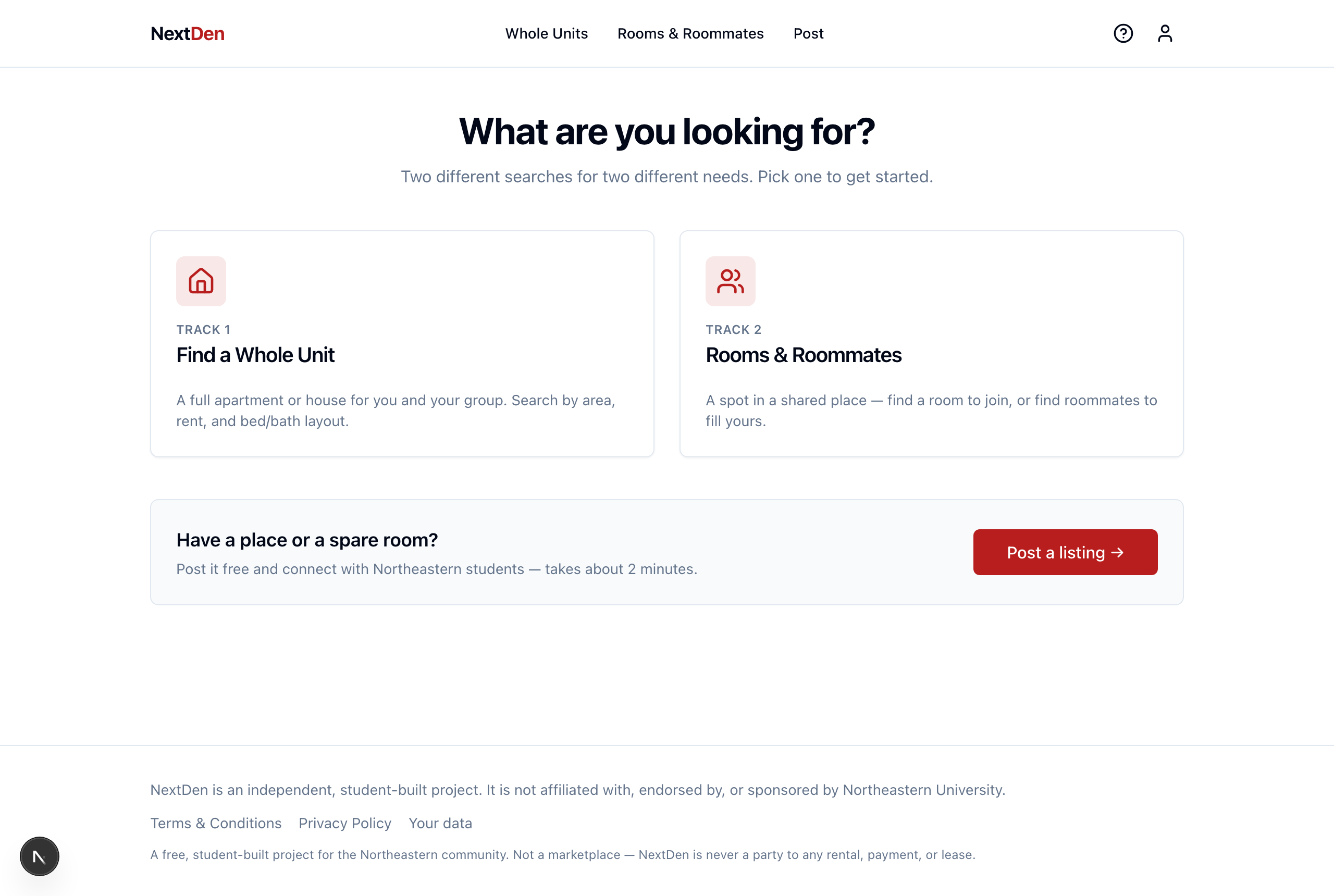 NextDen home page showing the Whole Units and Rooms & Roommates discovery tracks.