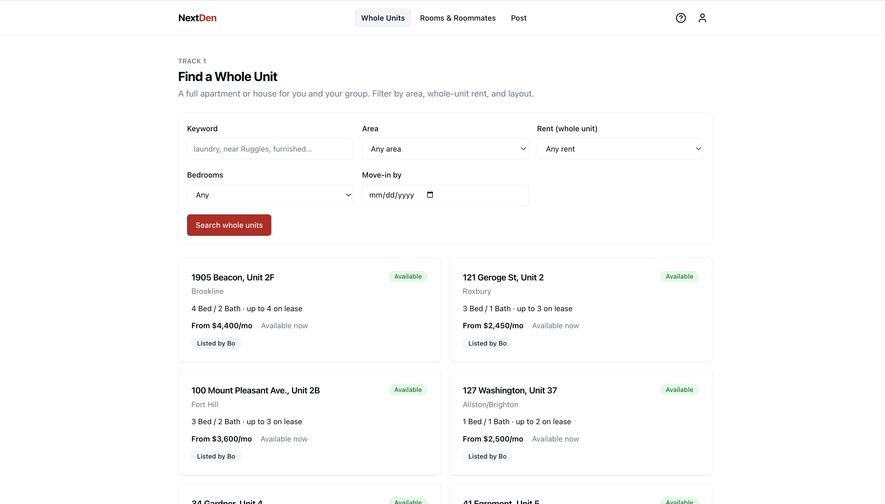 The Find a Whole Unit search page with keyword, area, rent, bedrooms, and move-in filters.