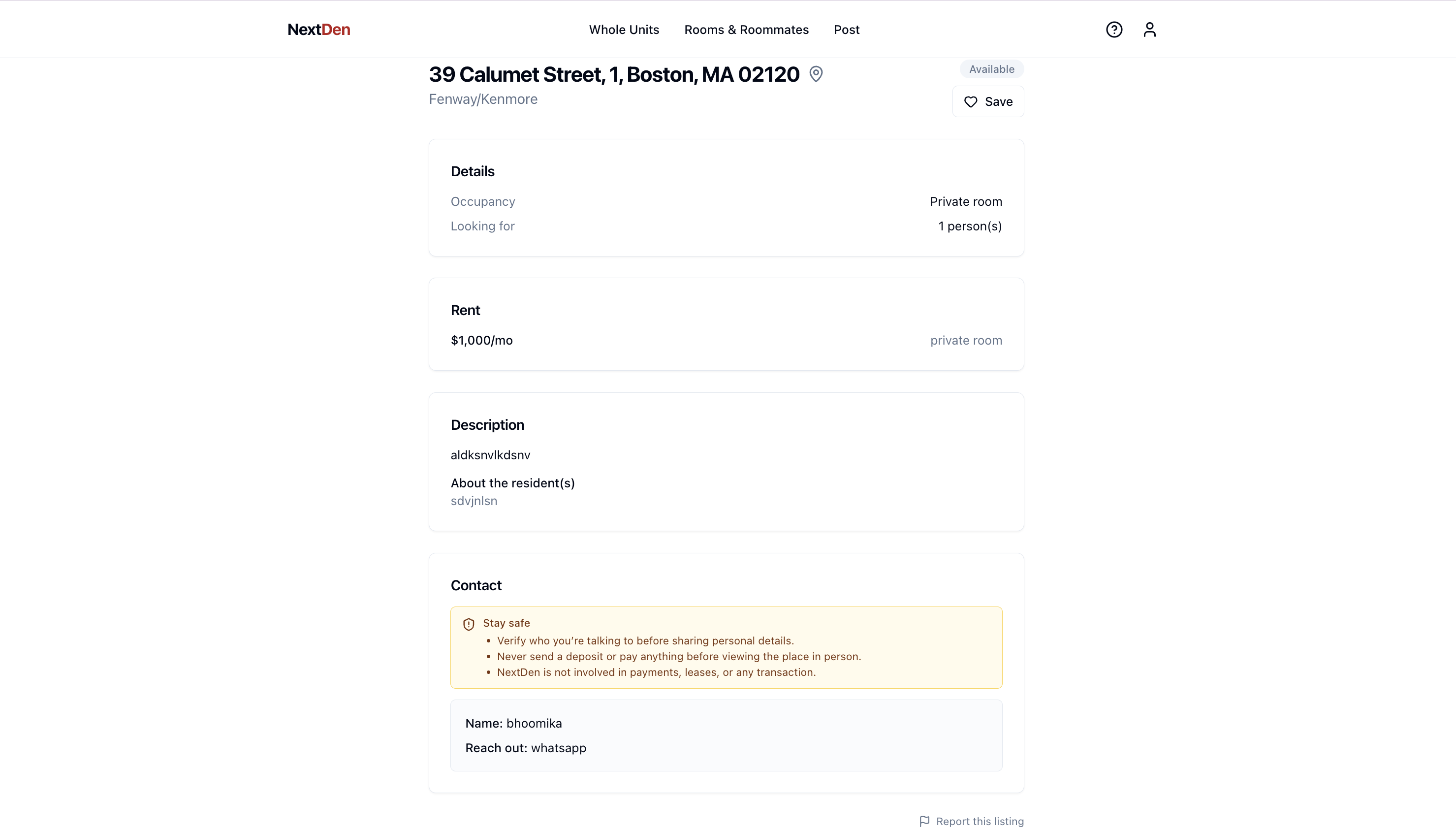 A NextDen listing detail page with the click-to-reveal contact button.